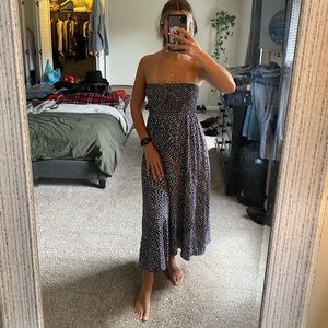 Navy polka dot strapless dress